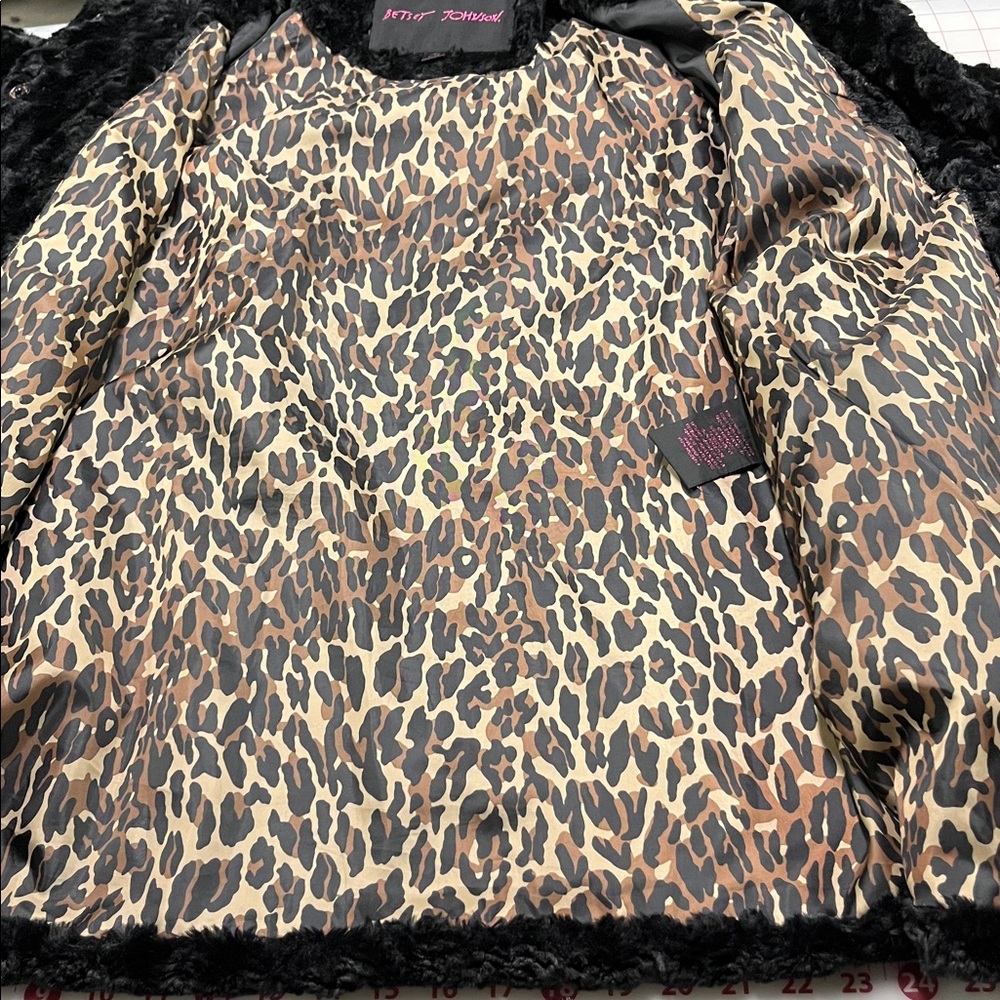 BETSEY JOHNSON Penny Lane Faux Mongolian Fur/Leather Mod Wide Collar BLK Coat S - Picture 8 of 16